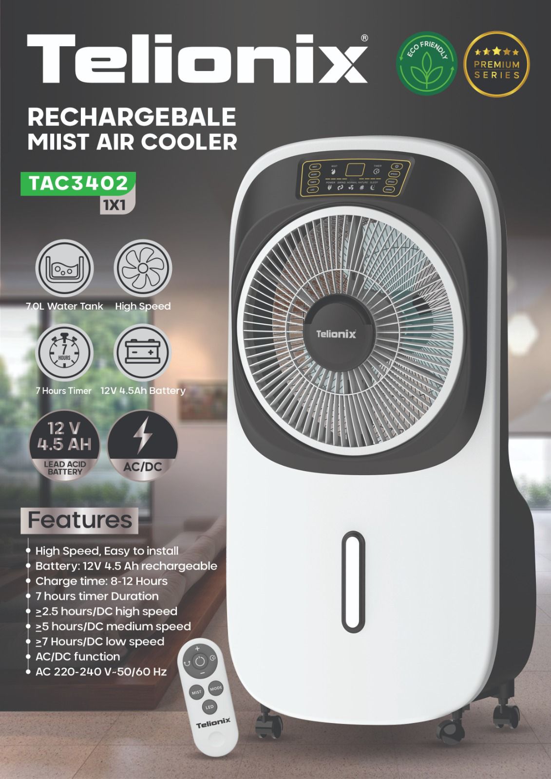 کولر آبی شارژی پرتابل مه پاش دار تلیونیکس مدل tac3402